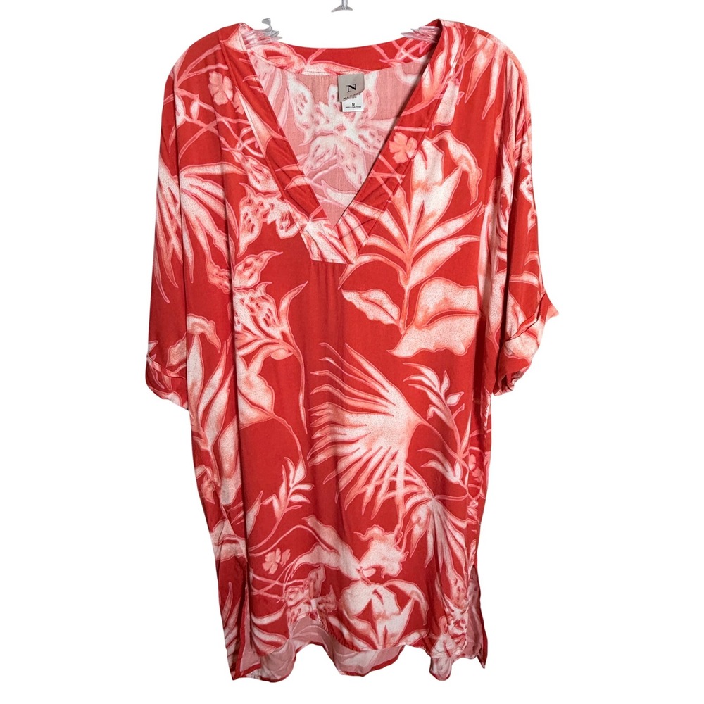 Natori Floral Tunic Women M Orangy Red Rayon Tropical V-Neck Resort Lounger Top